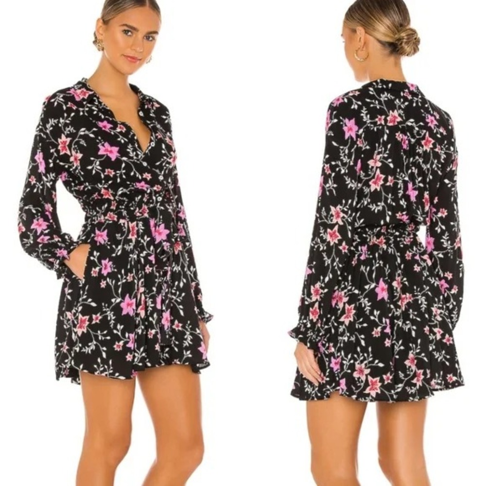 FREE PEOPLE XS Lighten Up Mini Dress Floral Button Front Smocked Drawstring BOHO